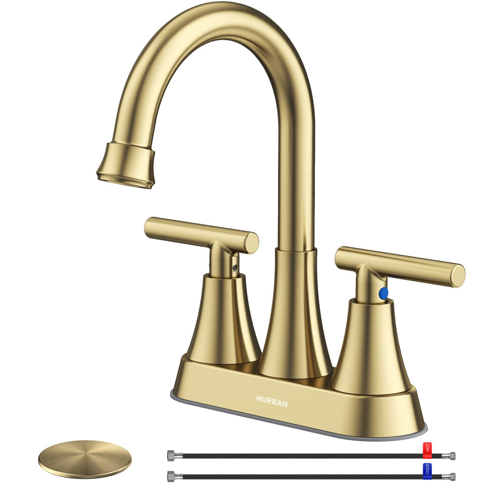 Robinetterie de salle de bain pour lavabo 3 trous Hurran 4 pouces, robinet de lavabo de salle de bain en or bross    avec bonde escamotable et 2 tu