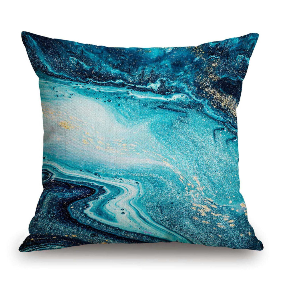 Housse de coussin d   corative en coton et lin, motif marbre, art oc   anique, peinture bleue, poudre dor   e, 45,7 x 45,7 cm