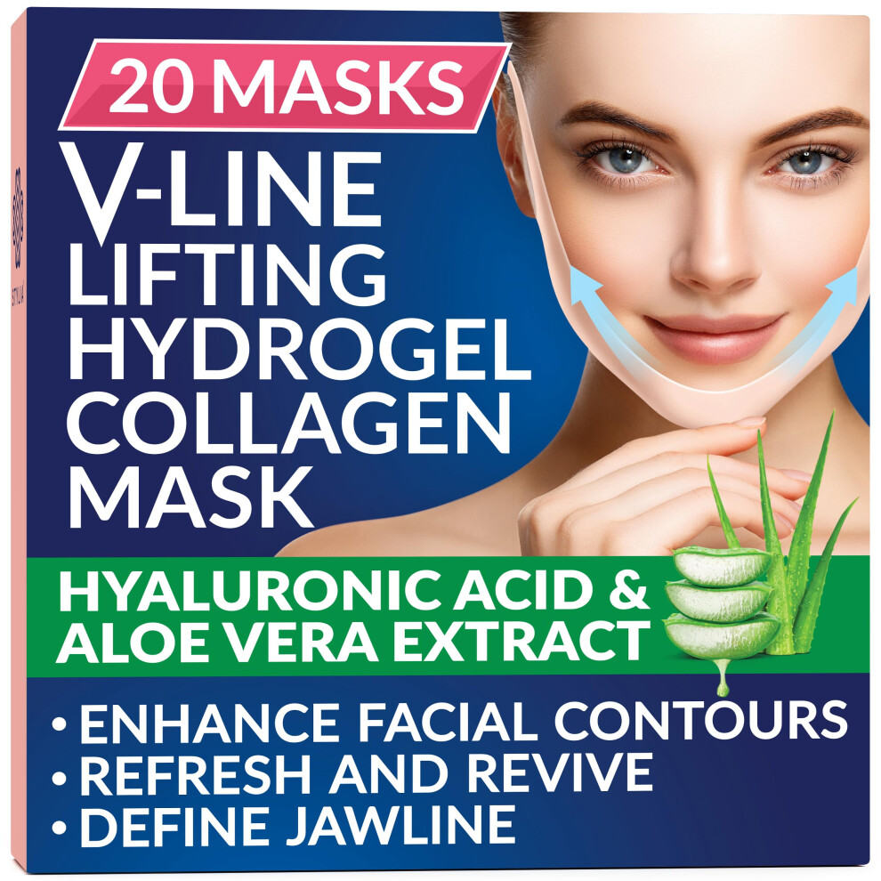 Stylia Double Chin Mask - V Line Chin Strap - Toning Hydrogel Collagen Face Mask With Hyaluronic Acid & Aloe Vera - 20Pc