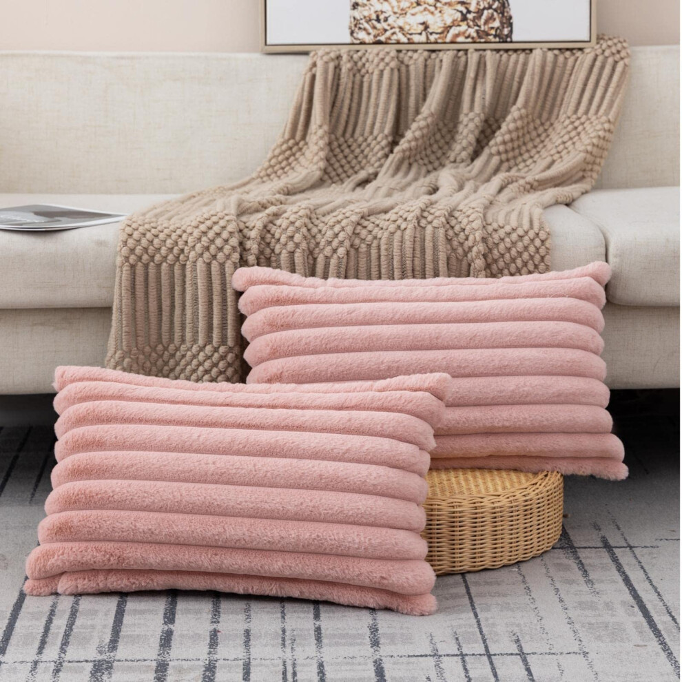 ZLINA Lot de 2 housses de coussin en fausse fourrure rose bébé, taies d'oreiller à rayures moelleuses, housses de coussin 12 x 20 pouces, décorat