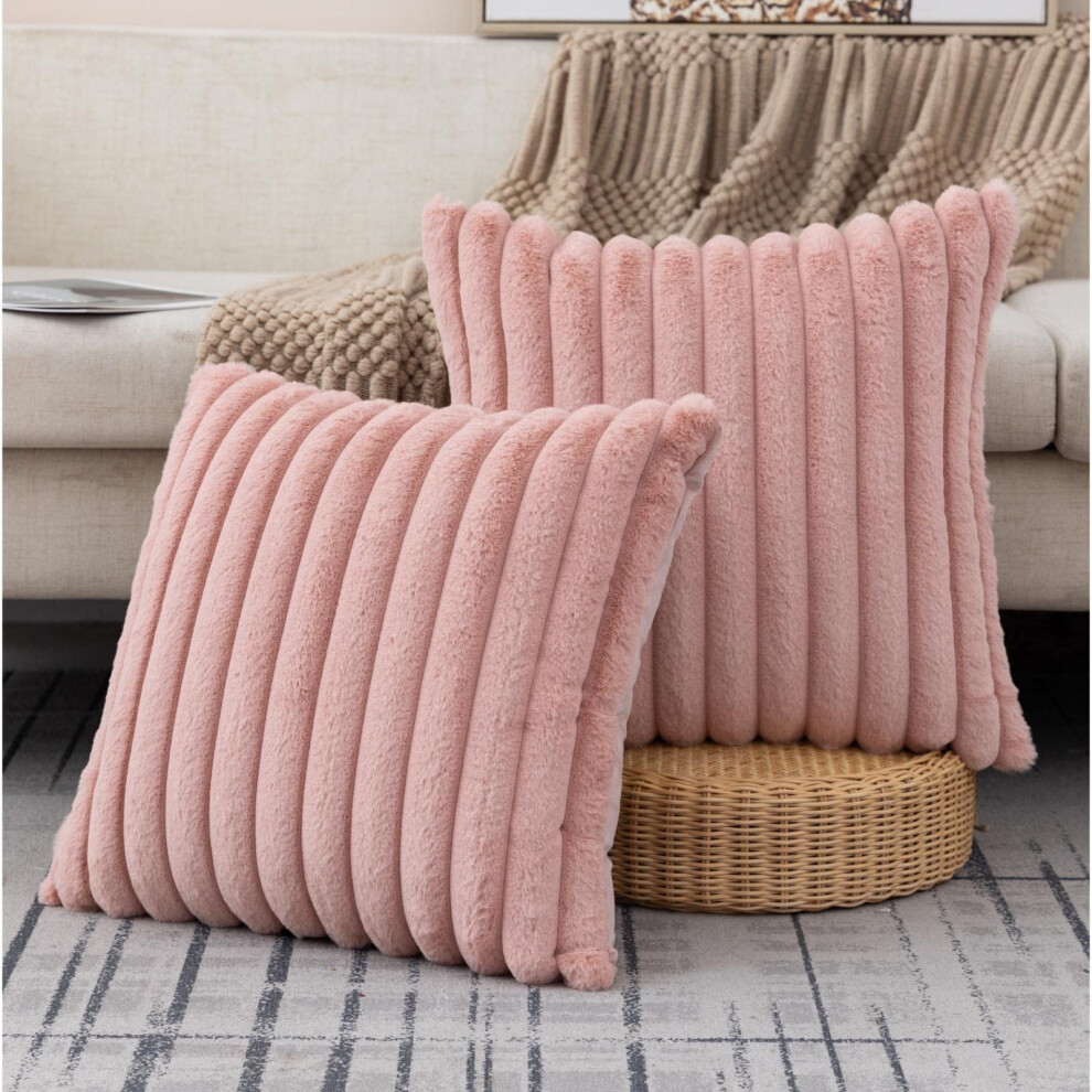 ZLINA Lot de 2 housses de coussin en fausse fourrure rose b  b  , taies d'oreiller    rayures moelleuses pour canap  , chambre    coucher, 40 x 40 cm