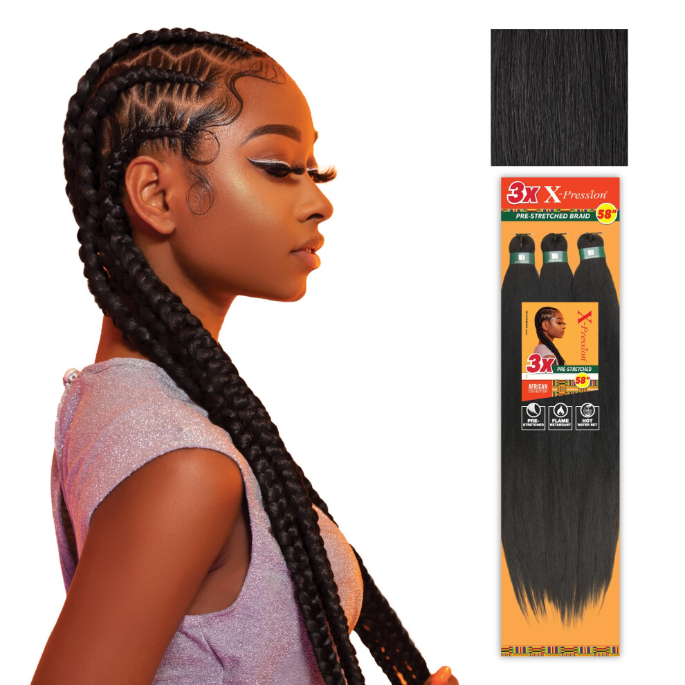 Sensationnel Unisex Xpression Prestretched Braiding Hair - 3X Xpression 58-Inch Flame Retardant Smooth Yaki Braid - 3X X-Pression 58 Inch 5 Pack 1B Offblack
