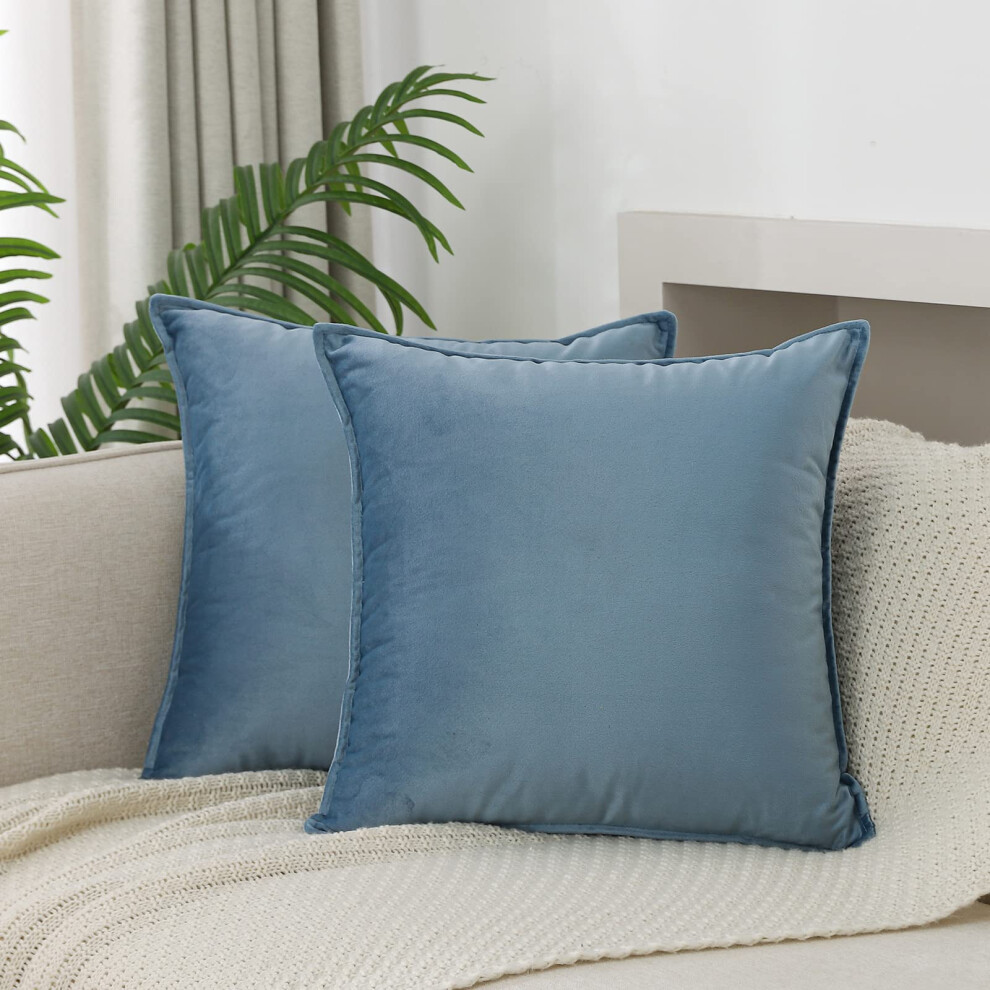 JIAHANNHA Lot de 2 housses de coussin d   coratives en velours bleu pierre pour canap   , chambre, salon, voiture, 40,6     40,6 cm