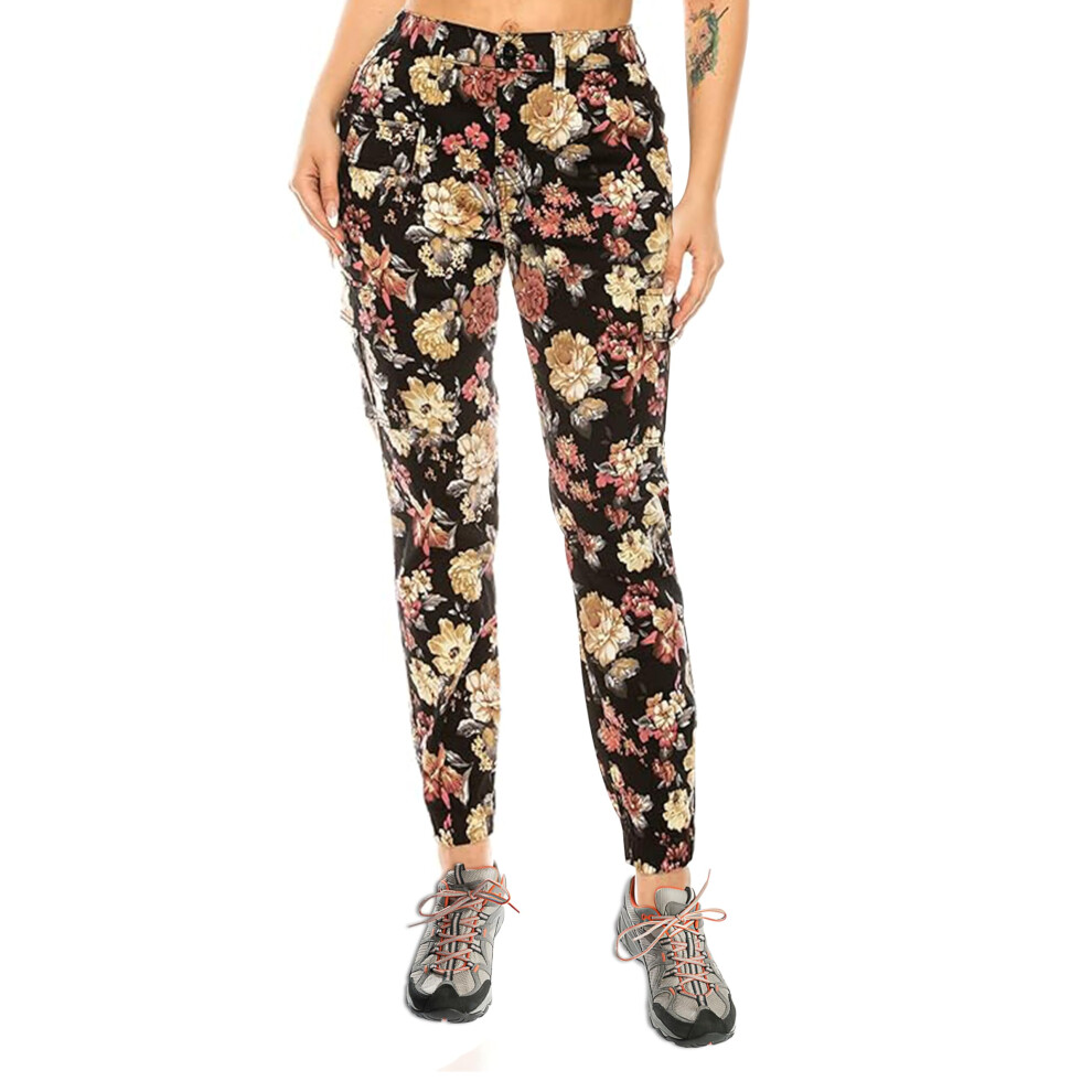 Pantalon de jogging cargo taille haute Double Denim pour femme, coupe décontractée, avec ceinture élastique et 6 poches, motif floral noir, taill