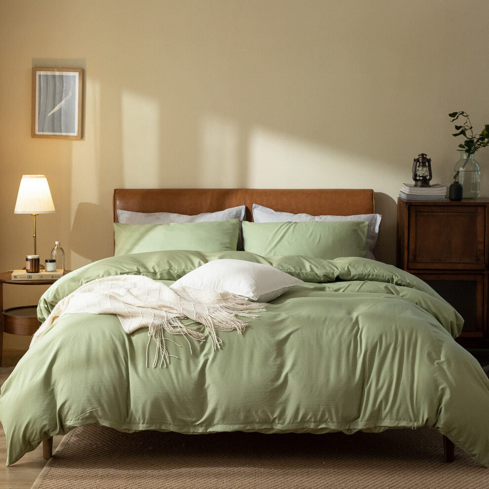 Housse de couette vert sauge King 100 % microfibre lavée 3 pièces Couleur unie Parure de lit décontractée vert sauge avec fermeture éclair Luxe U