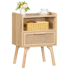 Mesinha de Noite Lerliuo de Rattan, Mesa Lateral Boho com Gaveta e Prateleira, Estilo Cane