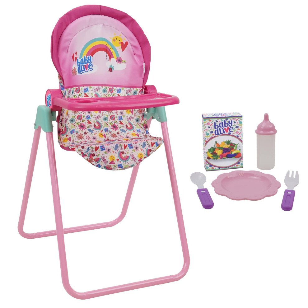 Baby Alive 509 Crew Doll High Chair Set  Pink & Rainbow  6 Pieces  Fits Dolls Up to 24  Highchair w/Front Feeding Tray & 5 Feeding Accessories  Preten