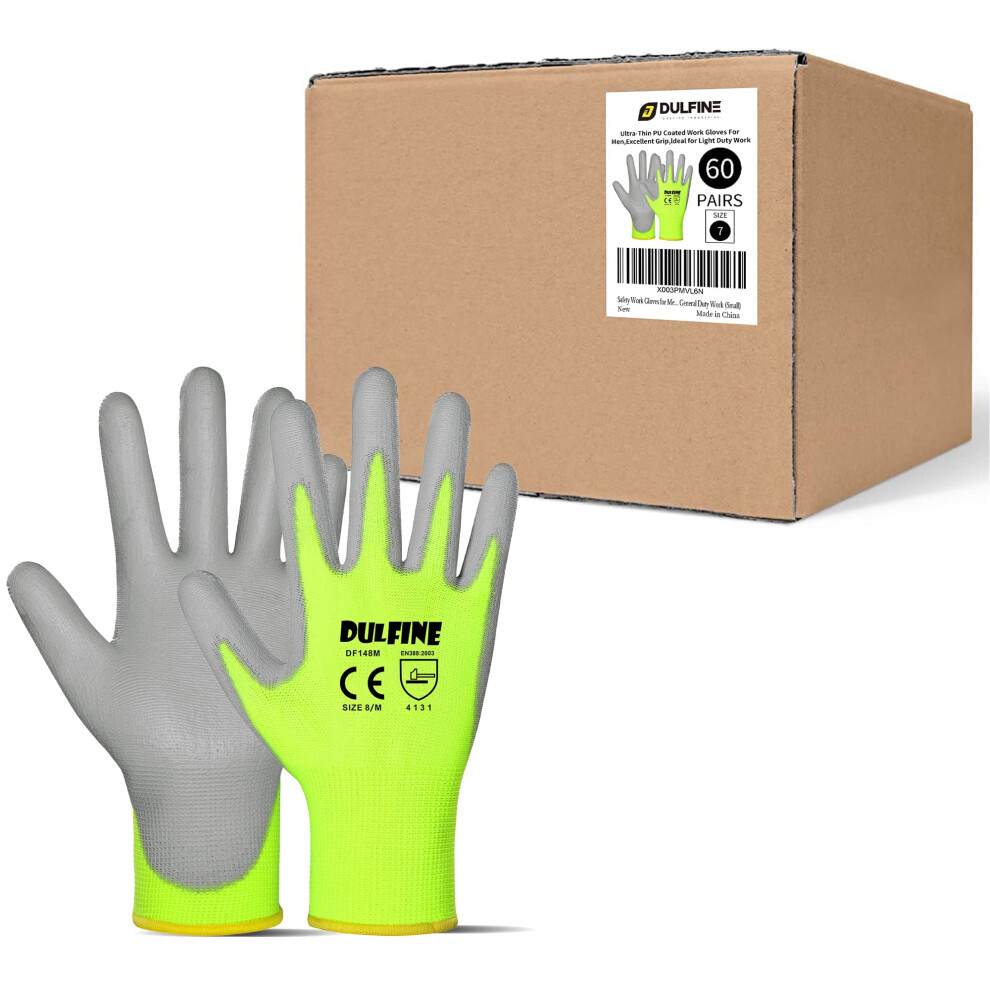 Dulfine Safety Work Gloves For Men Pu Coated 60 Pairs Bulk Pack Hi-Vis Yellow Seamless Knit Glove With Thin Polyurethane Coated Smooth Grip On Palm & 602835139452