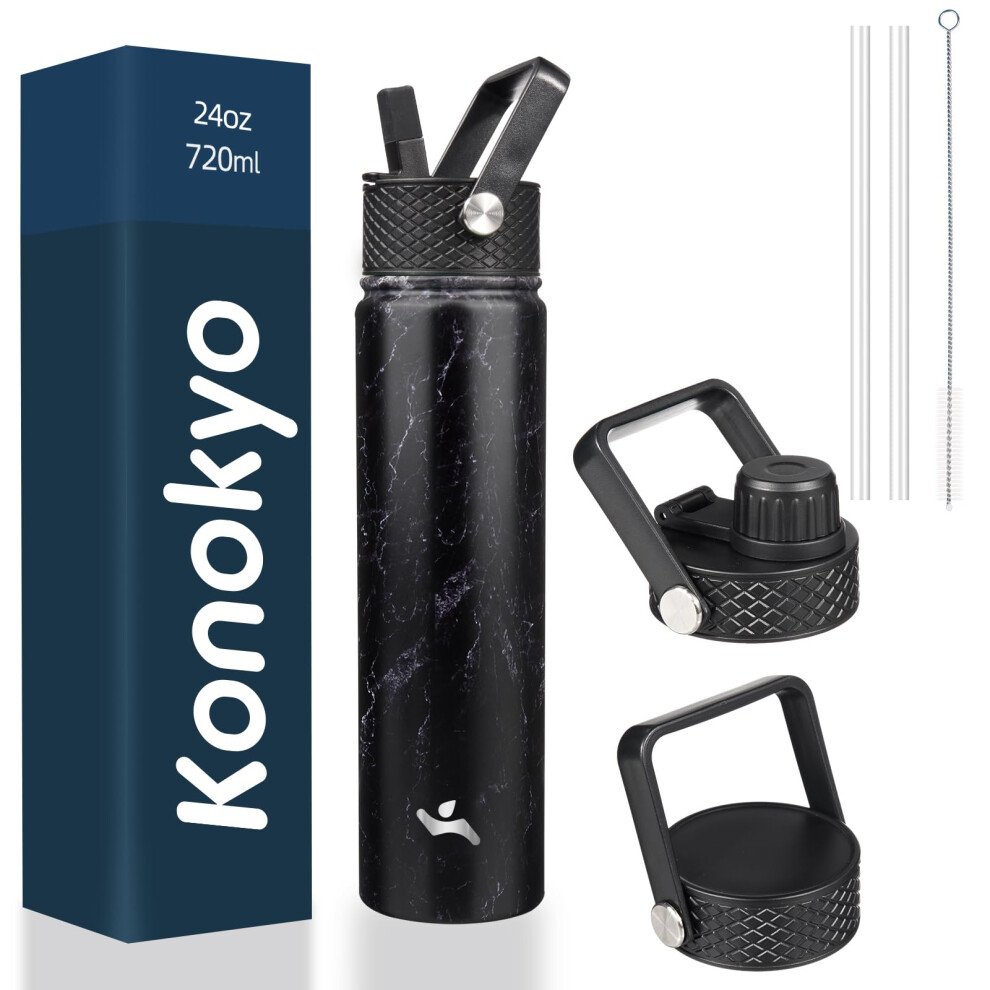 Konokyo Insulated Water Bottle 24oz Stainless Steel Sport Water Bottles With 3 Lids Marble Midnight-image-OPC-PFZ6V27-NEW