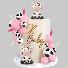 KEEPARTY Cow & Ball Cake Toppers 26 de buca?i de lut cu tematica pentru animale de ferma, roz ?i alb, pentru Baby Shower, aniversare, fete ?i bai