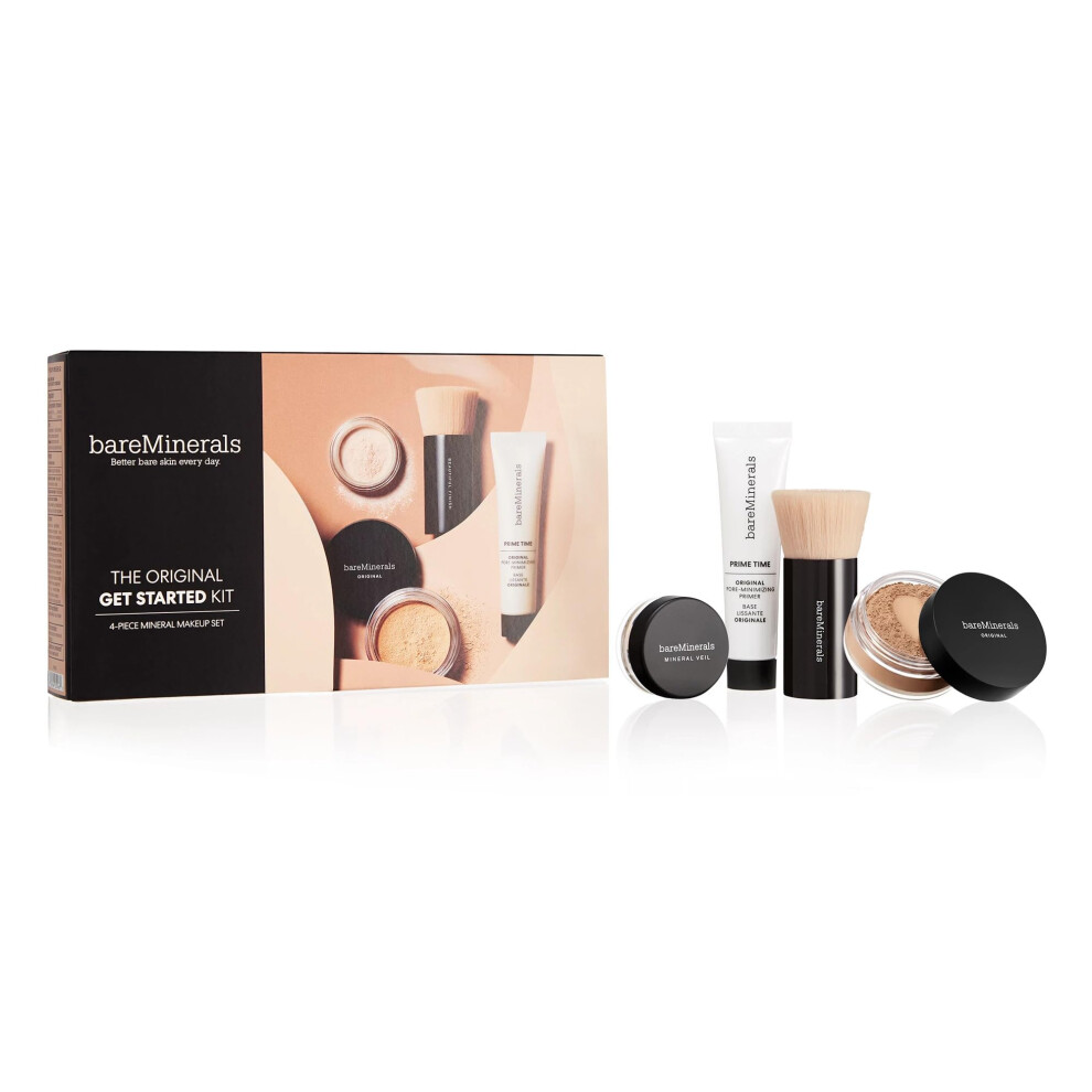 bareMinerals Original Get Started Kit  4 Piece Mini Mineral Makeup Includes Original Loose Foundation  Face Primer  Setting Powder  Brush  Travel Size