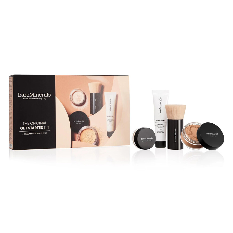 bareMinerals Original Get Started Kit  4 Piece Mini Mineral Makeup Includes Original Loose Foundation  Face Primer  Setting Powder  Brush  Travel Size