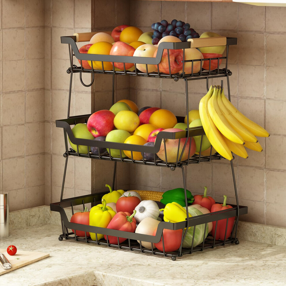 Corbeille à fruits de comptoir à 3 niveaux GILLAS avec 2 cintres à bananes pour la cuisine Organisateur en métal amovible pour pain, légumes, fru