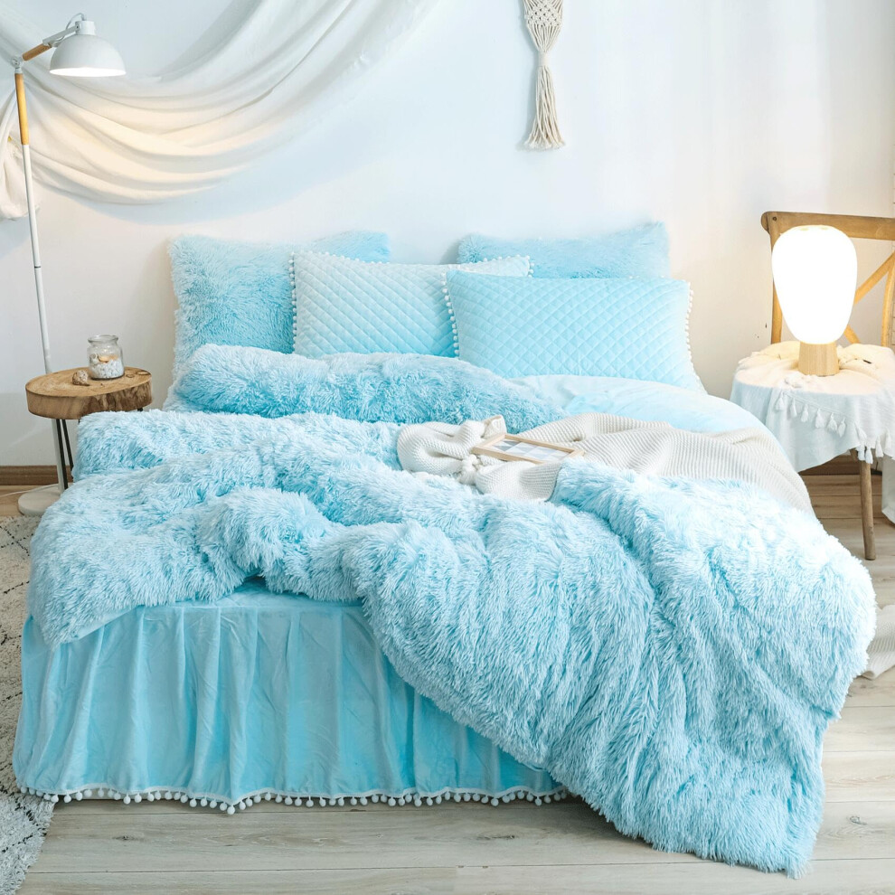 HAIHUA Parure de lit king size en fausse fourrure bleue, 3 pi   ces (1 housse de couette en peluche + 2 taies d'oreiller     poils longs), parure de
