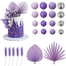 38 PCS Ballen Cake Toppers Palmbladeren Taart Decoraties voor Verjaardag Bruiloft Baby Douche Feestartikelen (Paars)