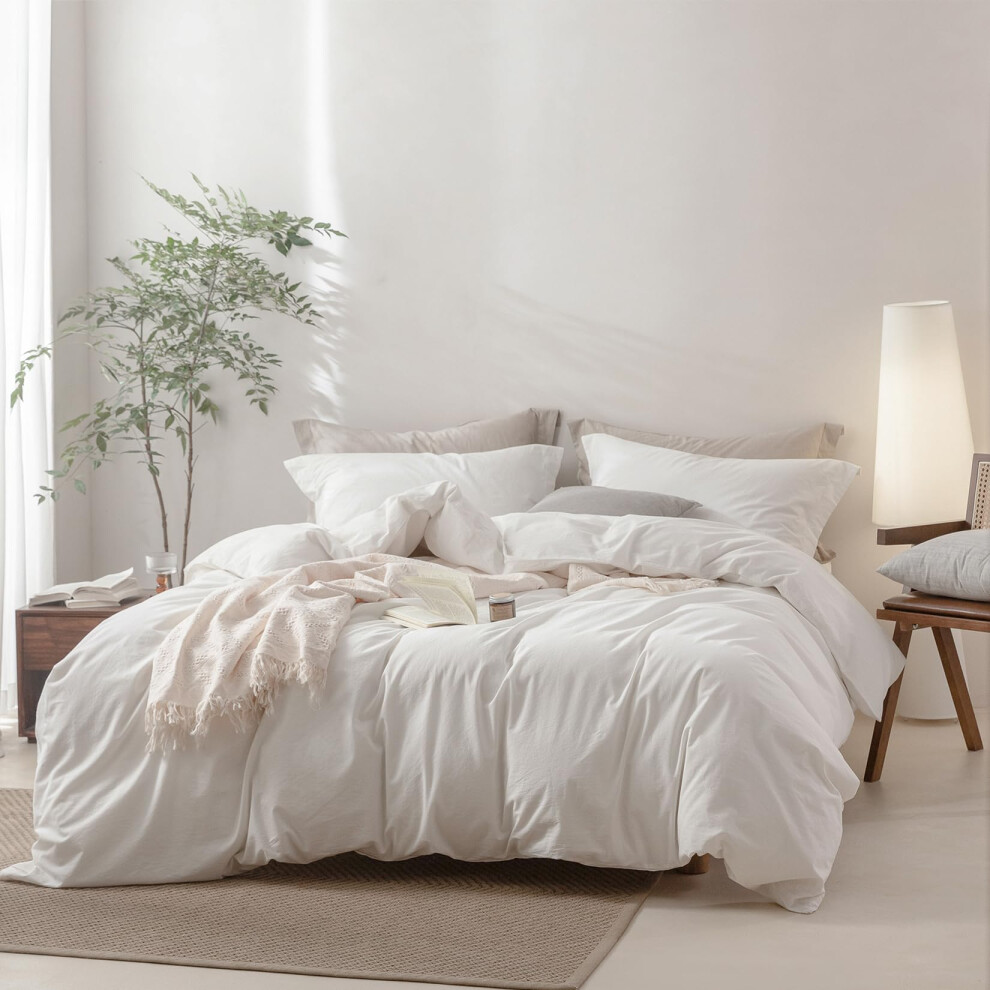 Housse de couette BDEAR en lin, taille Queen, 100 % coton lav  , 228 x 228 cm, avec fermeture   clair et 2 taies d'oreiller, couleur unie, blanc cass