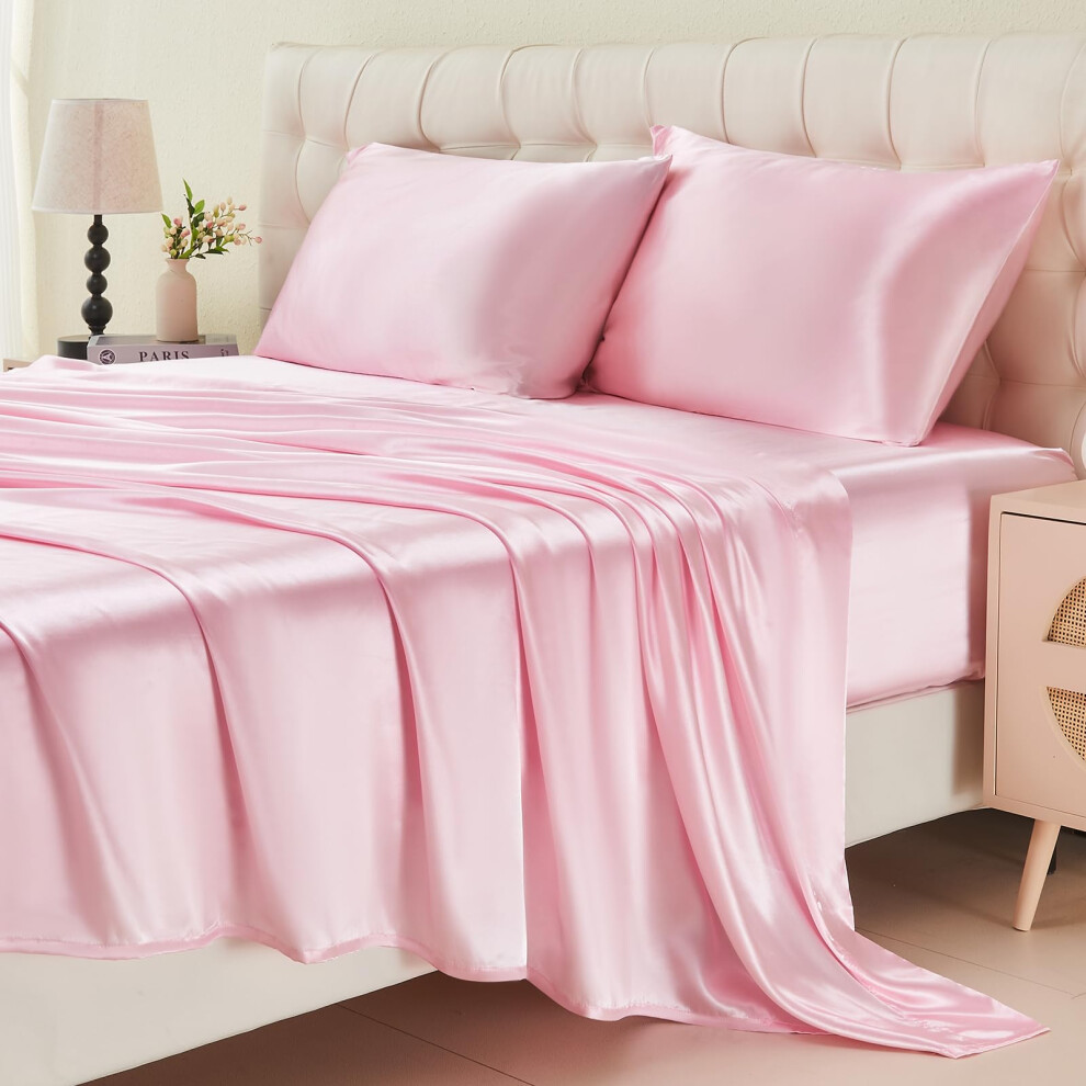 Draps en satin Cibhlea pour lit double - Luxueux ensemble de draps 4 pièces, doux et rafraîchissants, avec drap-housse à poche profonde, drap pla