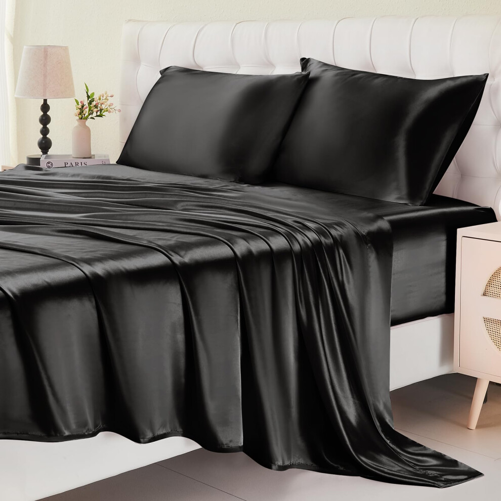 Draps en satin Cibhlea Queen Size - Ensemble de draps luxueux 4 pi   ces, doux et soyeux, avec drap-housse     poche profonde, drap plat et 2 taies d
