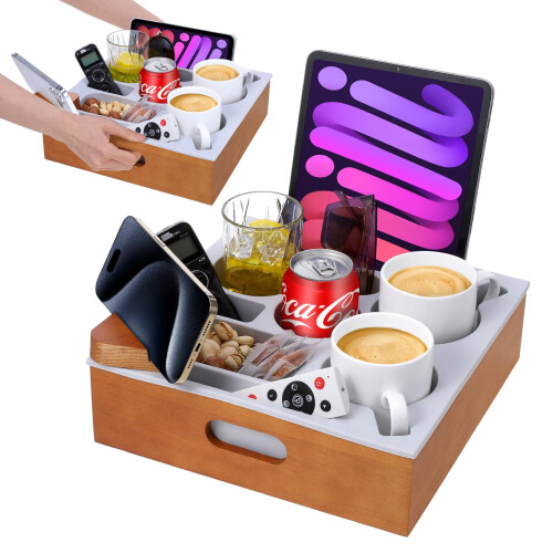 Couch Cup Holder Tray, Couch Caddy With Rotatable Phone Holder, Wooden - View #13
