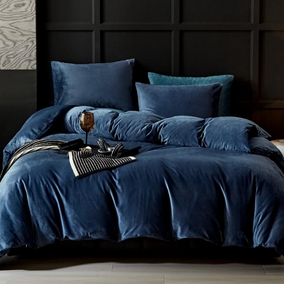 Housse de couette en velours bleu marine Warmdern, parure de lit king size en flanelle, 3 pi   ces, ultra douce, luxueuse, textur   e, moderne, avec