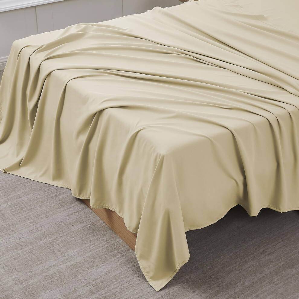 Drap plat pour lit simple uniquement - Drap plat en microfibre bross   e ultra doux et respirant uniquement pour lits jumeaux. Beige/cr   me.