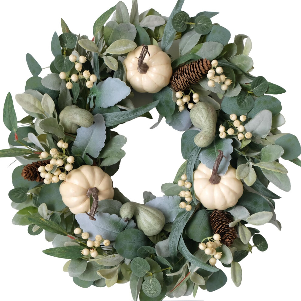 Ghirlanda Di Zucca Di Eucalipto Autunnale Da 20 Pollici Per La Porta D'ingresso, Ghirlanda Di Cartello Di Benvenuto Di Zucca Bianca Per Interni E-image