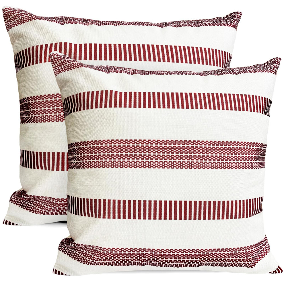 RYSMIYOU Lot de 2 housses de coussin d   coratives     rayures style boh   me rouge vin 45 x 45 cm Taie d'oreiller en lin Farmhous