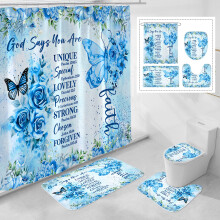 Litabel 4 stk Bl? sommerfugl inspirerende citater Bruseforh?ngss?t med t?pper og toiletl?gbetr?k Farverigt Boho Vandt?t stof Badev?relsess?t Bibe