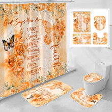 Litabel 4 stk Orange sommerfugl inspirerende citater Bruseforh?ngss?t med t?pper og toiletl?gbetr?k Farverigt Boho Vandt?t stof Badev?relsess?t B