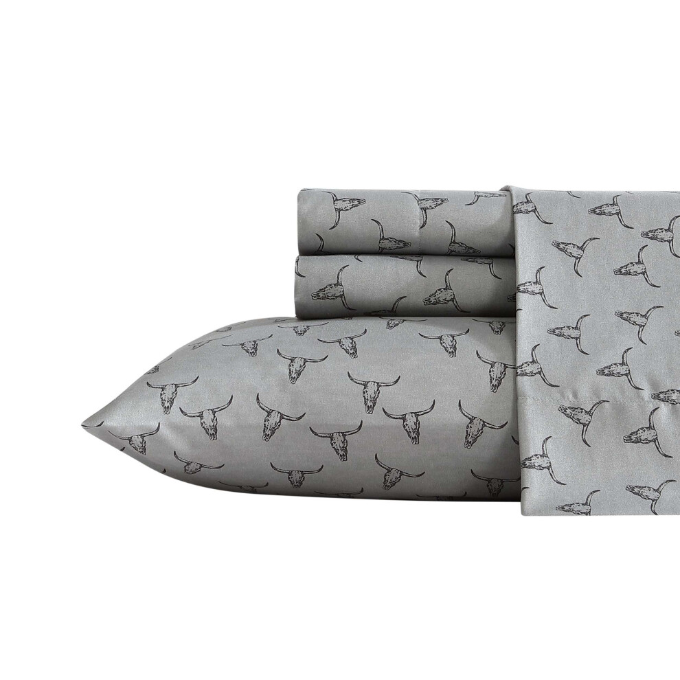 Wrangler  King Sheet Set  Silky  Lightweight Bedding Set  Western Home Decor  OekoTex Certified Steer Skulls Grey  King