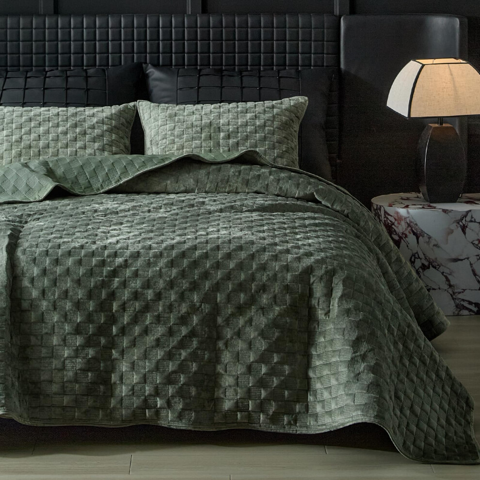 WARMDERN Parure de lit en velours de luxe King Size avec couvre-lit et couvre-lit en velours doux et léger, motif géométrique, vert, avec 2 taies