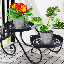SANTENTRE 2 Tier Noir Plant Stand Metal Flower Stand interieur exterieur anti-rust Iron Plant Shelf Flower Round Flower Pot pour plusieurs plante