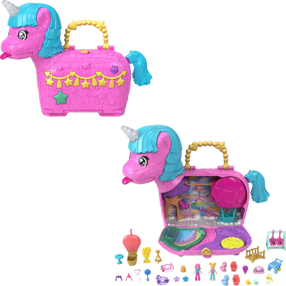Polly Pocket Dolls & Playset With Pets & 25+ Surprise Accessories Birthday Celebration Unicorn Partyland Playset Hot Air Balloon Ride