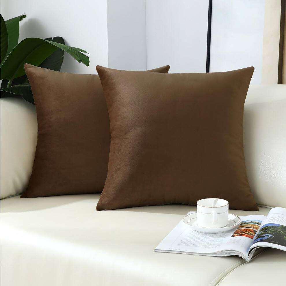 Mixeoo Lot de 2 housses de coussin d   coratives carr   es en velours marron clair, tr   s douces, 45,7 x 45,7 cm