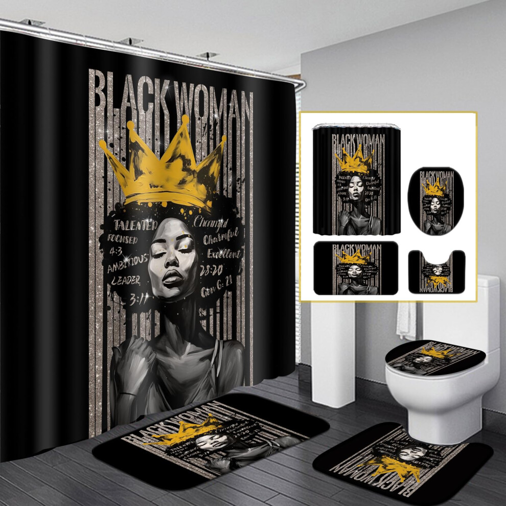 Ensemble de 4 rideaux de douche noirs en prière, motif femme afro-américaine, avec tapis, housse d'abattant de toilette, tapis de bain, imperméab