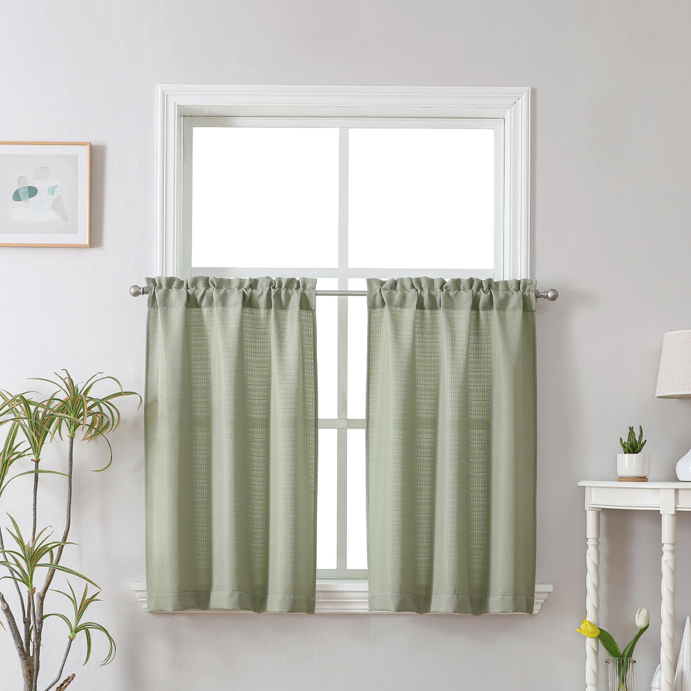 Chyhomenyc Green Bennet 2 Panels Light Sage Kitchen Curtains Tier 24 Inch Length Faux Linen Textured Small Cafe Curtains Light Filtering Short Windo