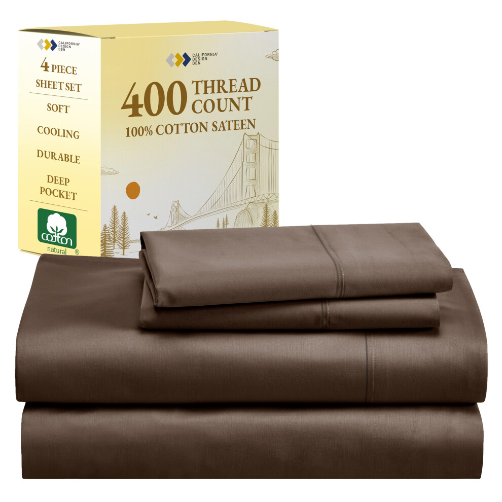 California Design Den Brown Parure de lit double 400 fils 100 % satin de coton doux et respirant avec poche profonde (Marron)