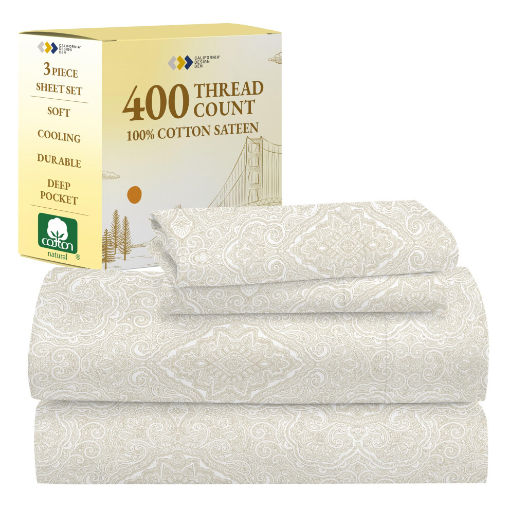 California Design Den Paisley Parure de draps pour lit double XL - 400 fils au pouce carr    100 % satin de coton, draps     poches profondes et taie
