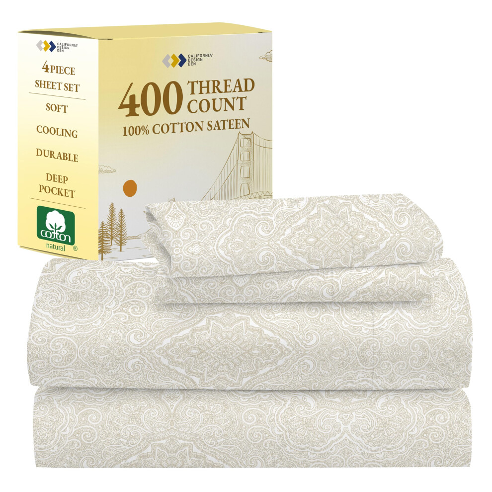 California Design Den Paisley Parure de draps pour lit double - 400 fils au pouce carr    100 % satin de coton, draps     poches profondes et taie d'