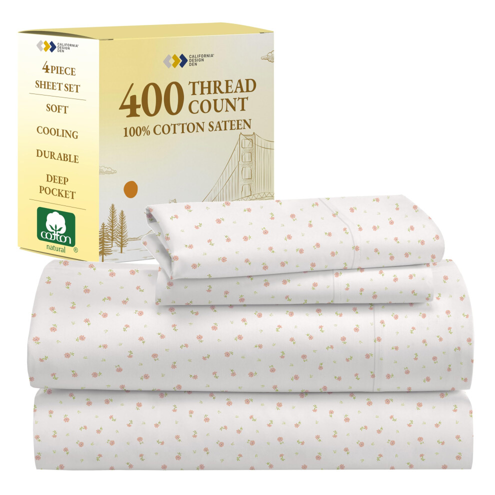 Parure de lit California Design Den Floral King Size - 400 fils au pouce carr   , 100 % satin de coton, draps     poches profondes et taie d'oreiller