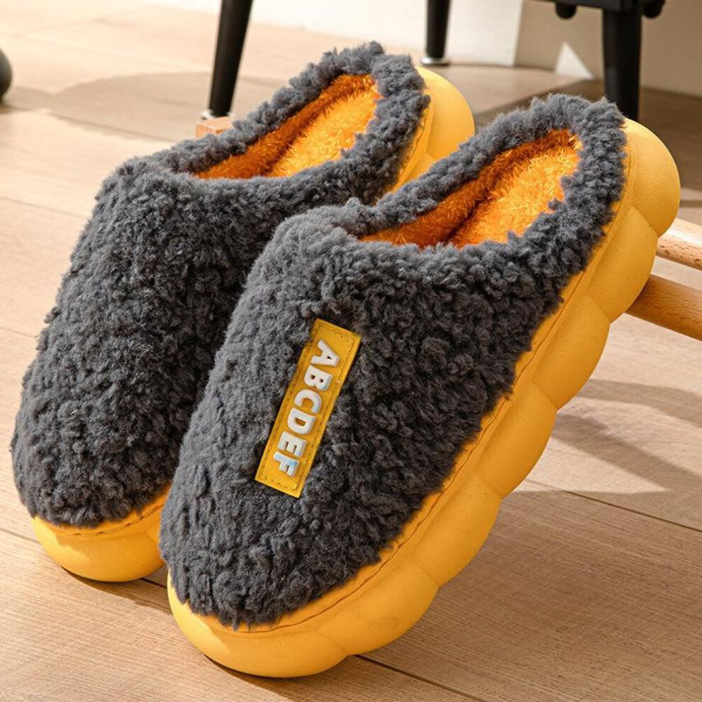 (yellow, 44-45) Women Slippers Winter Home Furry Slippers Color Patchwork Cotton Slippers Female Home Slippers Indoor Non-Slip Plush Slipper