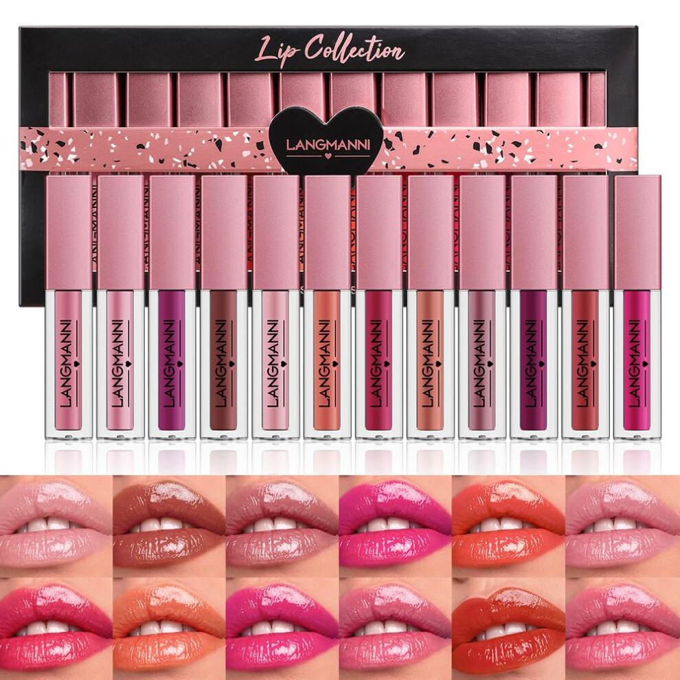 Dulele 12Pcs Watery Liquid Lipstick Set Moisturizing & Highly Pigmented Colored Lip Gloss Longwear Not Fade Rose Lip Tint Stain With Gift