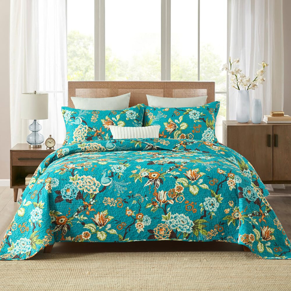 Parure de lit r   versible en coton ENASAL, couvre-lit     motif floral vintage avec paon, style pastoral turquoise, taille King