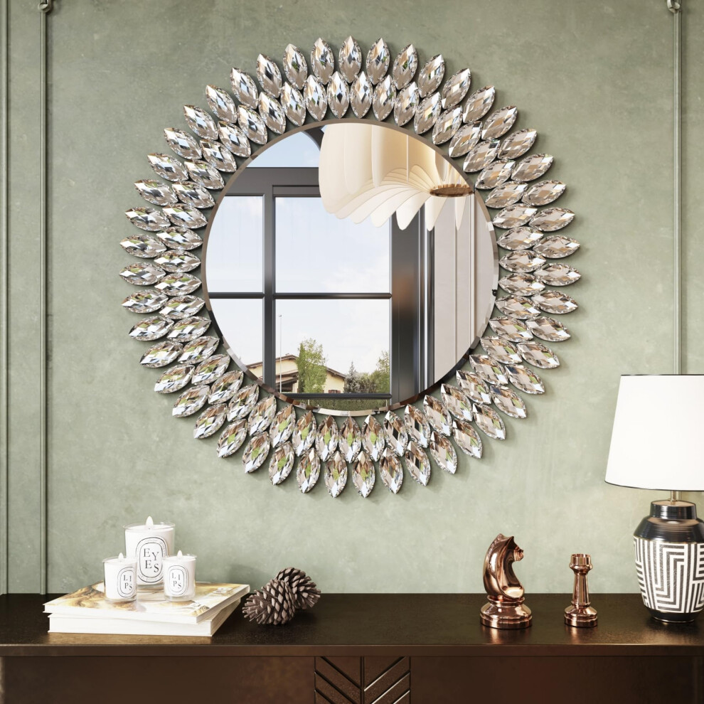 Kelly Miller Round Jeweled Decorative Mirror for Wall  26 Inch Modern Bathroom Wall Mirror Luxury Vanity Mirror Diamond Mirror for Restroom Half Bath