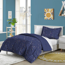 dream FACTORY Kids 7-delige complete beddenset Gemakkelijk te wassen Superzacht microvezel dekbedovertrek Volledig marineblauw Zodiac