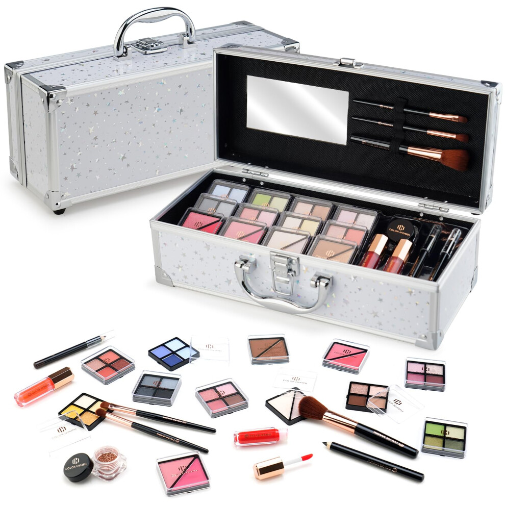 Color Nymph Beginners Makeup Kit With Train Case For Teenagers Girls Full Starter Cosmetics Set Included 32 Colors Eyeshadow Glitter Cream Blush H
