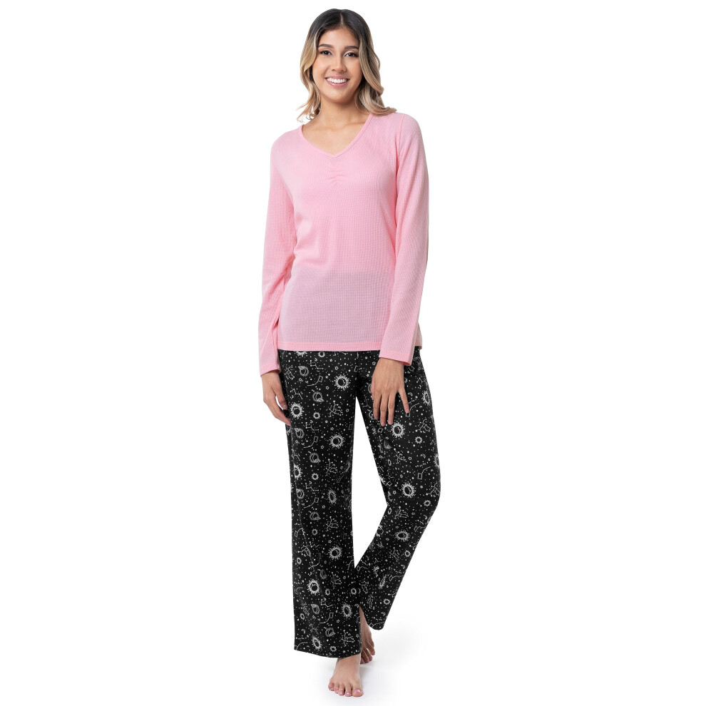 Fruit of the Loom Women's Waffle V-Neck Top and Flannel Pant Sleep Set  Soft Pink/Cosmic Sky  Large