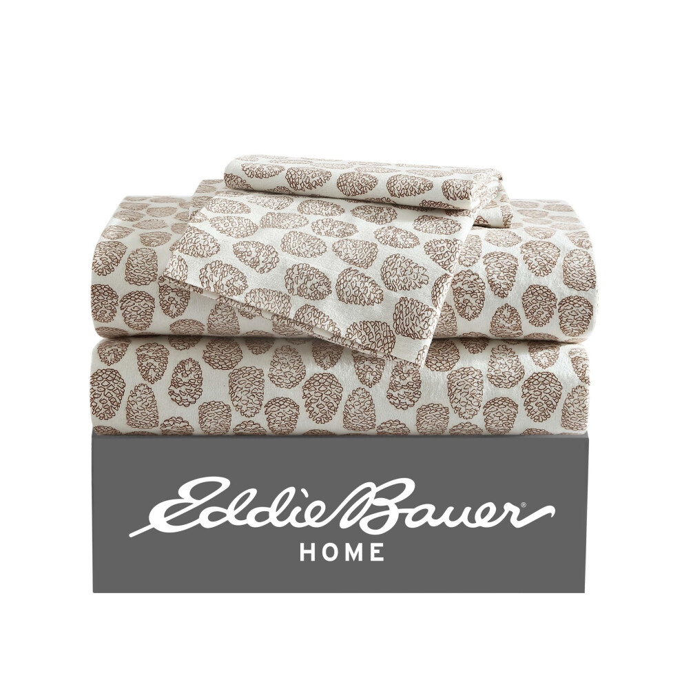 Eddie Bauer - Parure de lit double en flanelle de coton bross    pour plus de douceur et de confort (Little Creek Pine Cone Beige Twin)