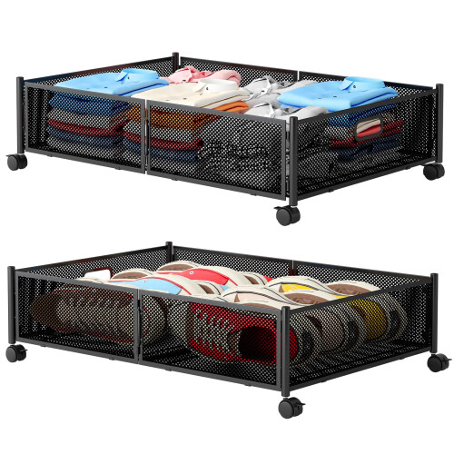 Kedia Opbergdoos onder bed van ijzer, opbergdoos voor bed met wieltjes, inklapbare onderbedlade, opberghoes voor slaapkamer, kleding, speelgoed, boeken (zwart