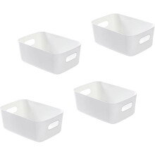 (As show, One size) Set of 4 White Plastic Storage Baskets, Stackable with Handles, Organize Kitchen, Bedroom, Bathroom, Office, 19x13.5x7.5cm (White)